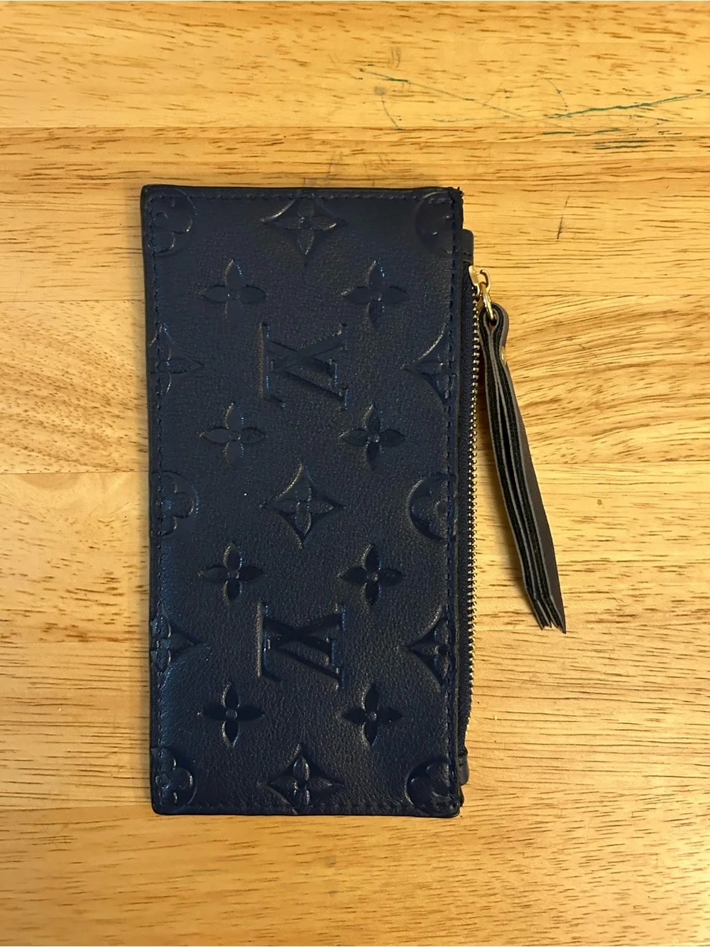 Designer Inspired Embossed Monogram Leather Zip Card Holder in Navy
